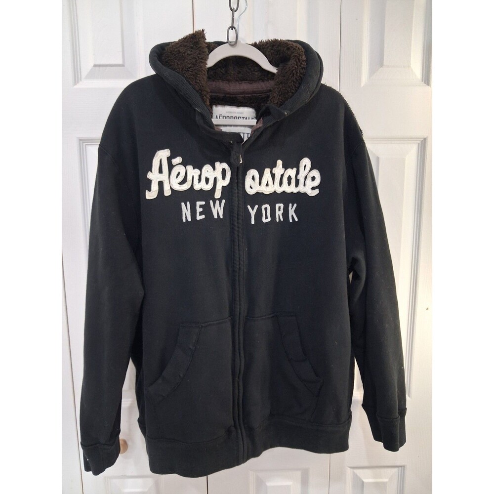 VTG Y2K Aeropostale Black Embroidered Sherpa Lined Fleece Zip Hoodie 3XL Tall